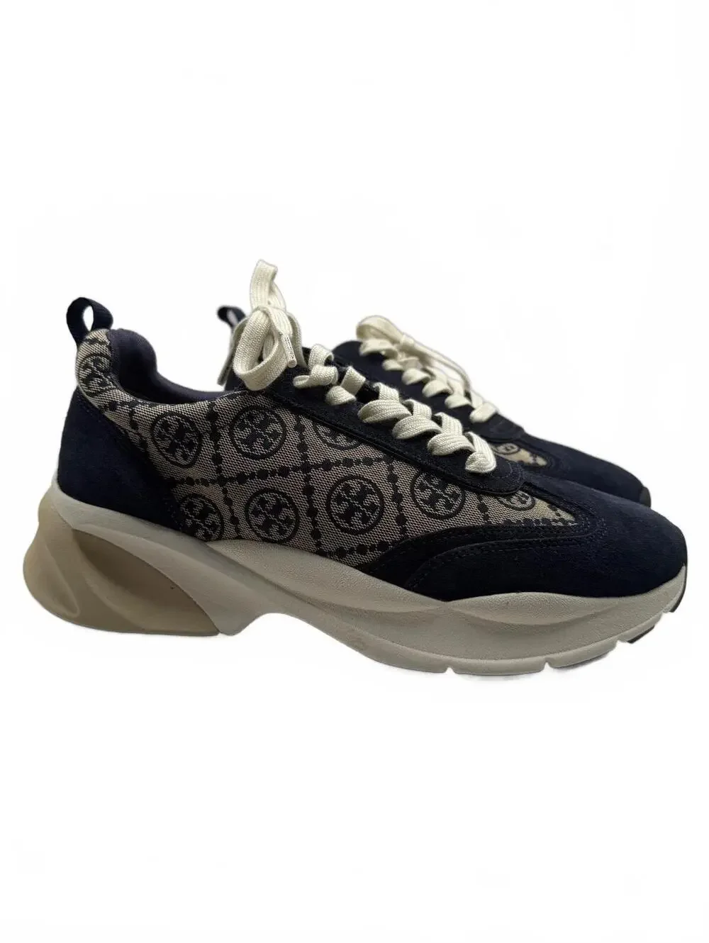 Tory Burch Navy Monogram Good Luck Trainer Jacquard and Suede Sneakers Size 10.5